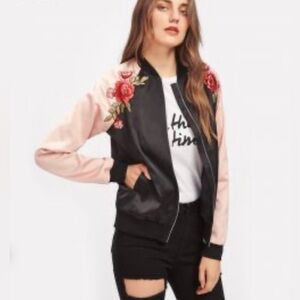 Satiny pink and black jacket with roses size M